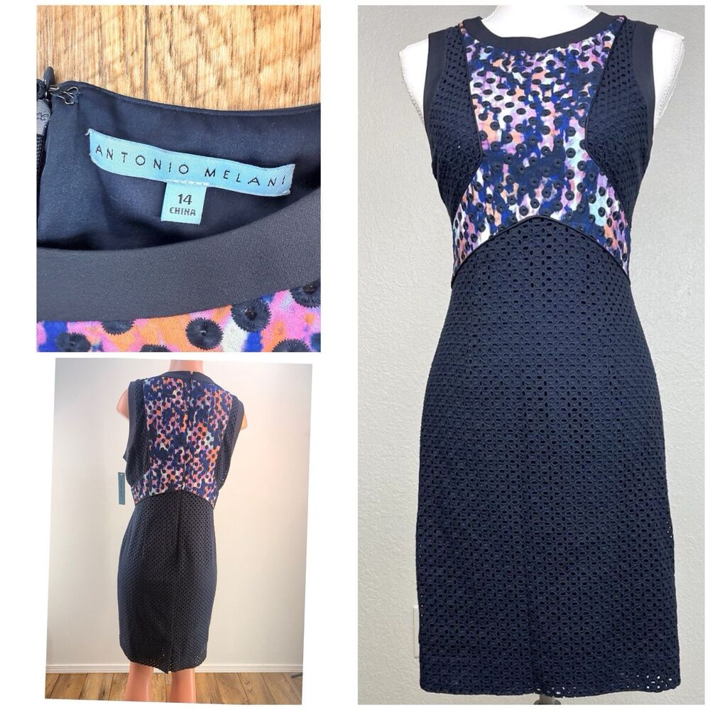 New Antonio Melani Women’s 14 Navy Cotton Eyelet Lace Watercolor Sheath Dress - Picture 3 of 16